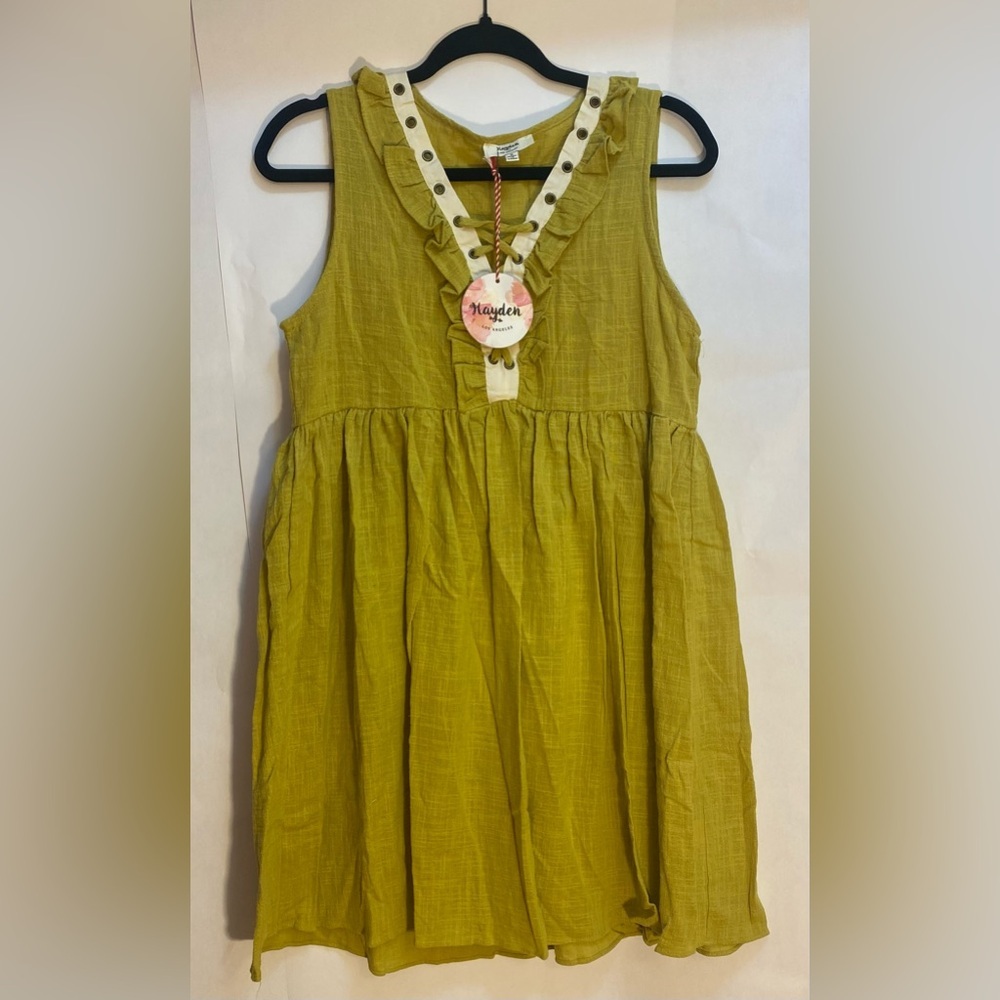 Hayden Los Angeles Mustard Yellow Cotton Gauze Lace Up Ruffle Mini Dress Small